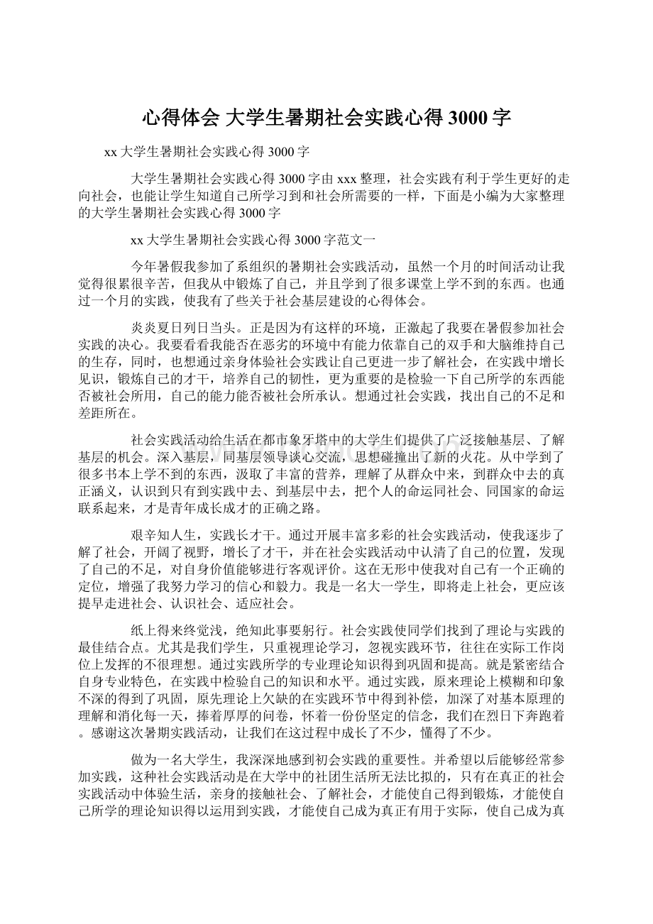 心得体会 大学生暑期社会实践心得3000字文档格式.docx