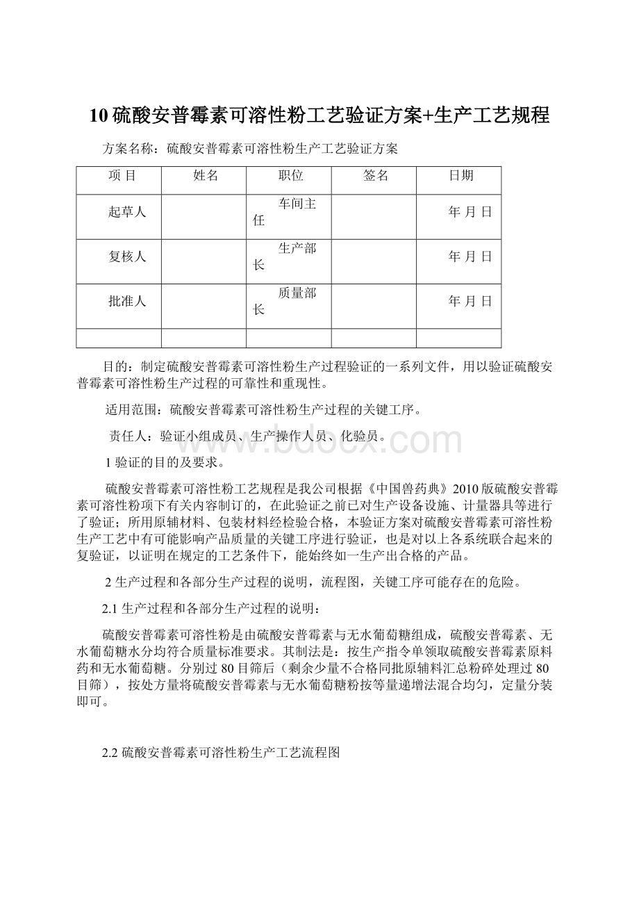 10硫酸安普霉素可溶性粉工艺验证方案+生产工艺规程.docx