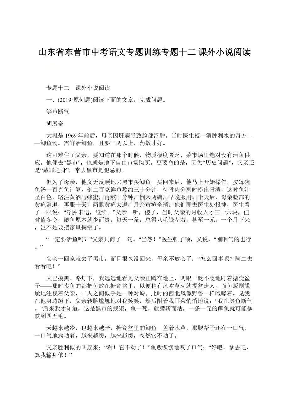 山东省东营市中考语文专题训练专题十二 课外小说阅读.docx