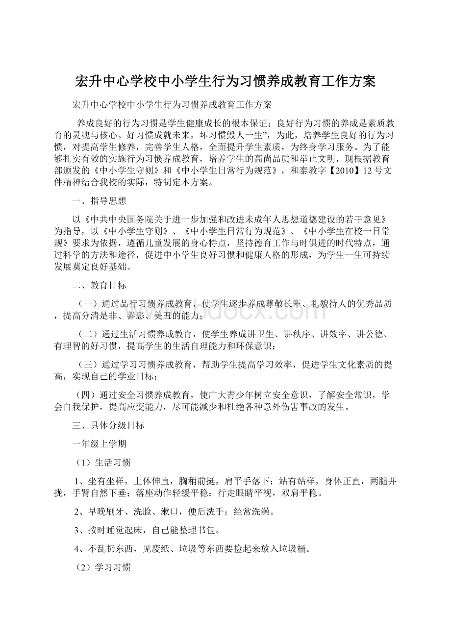 宏升中心学校中小学生行为习惯养成教育工作方案Word文档格式.docx