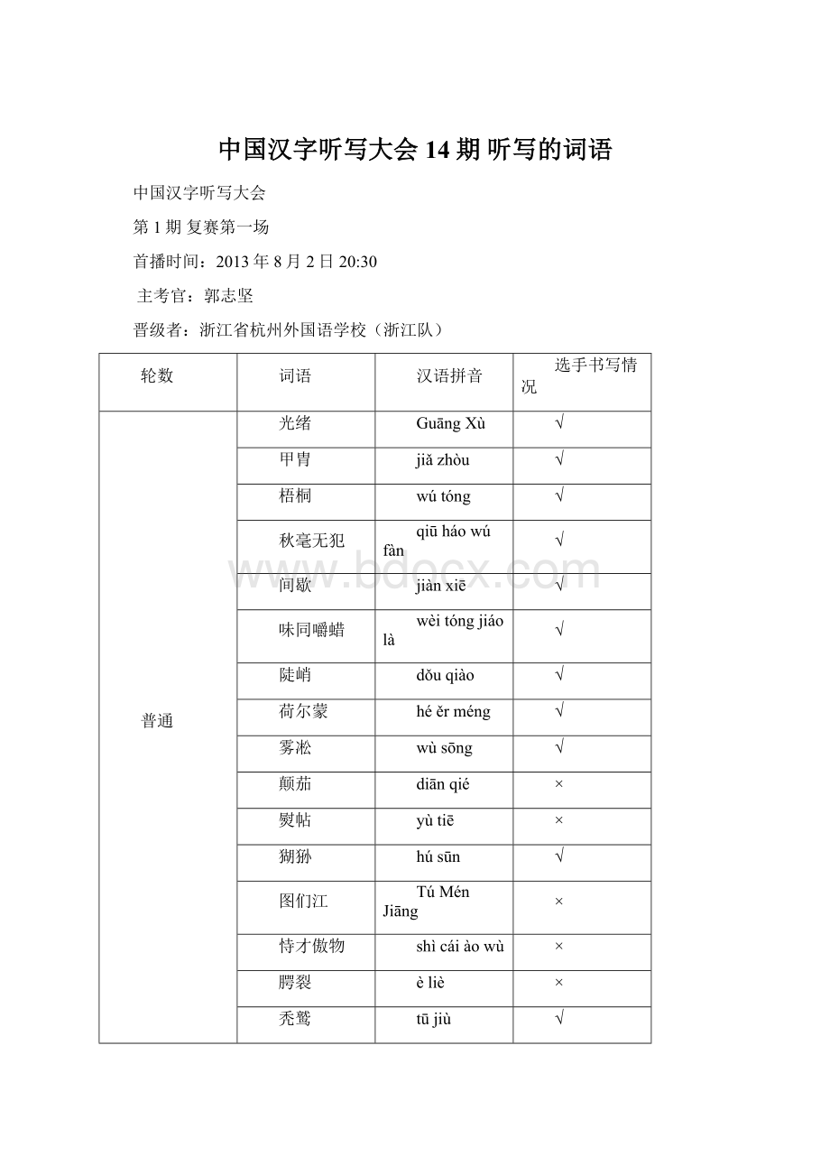 中国汉字听写大会14期听写的词语文档格式.docx