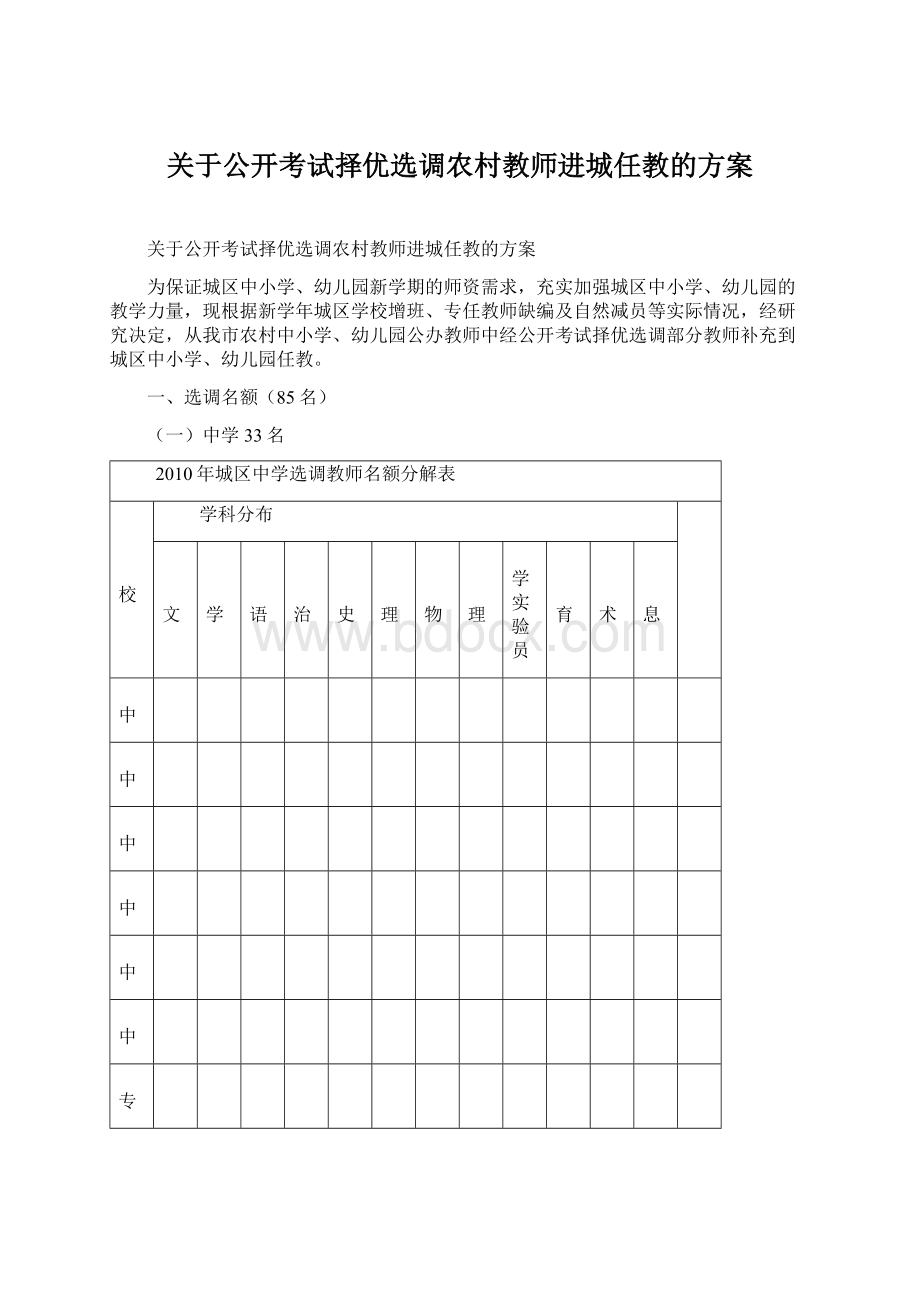 关于公开考试择优选调农村教师进城任教的方案.docx_第1页