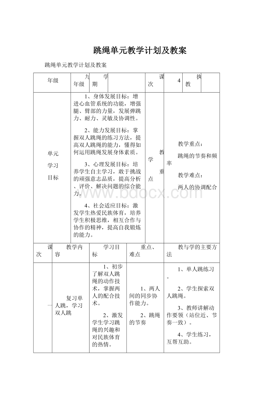 跳绳单元教学计划及教案Word文档格式.docx