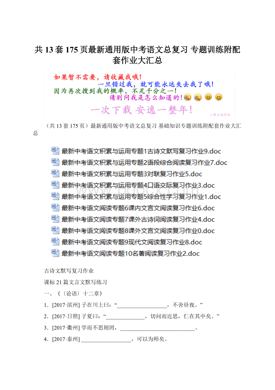 共13套175页最新通用版中考语文总复习 专题训练附配套作业大汇总.docx_第1页