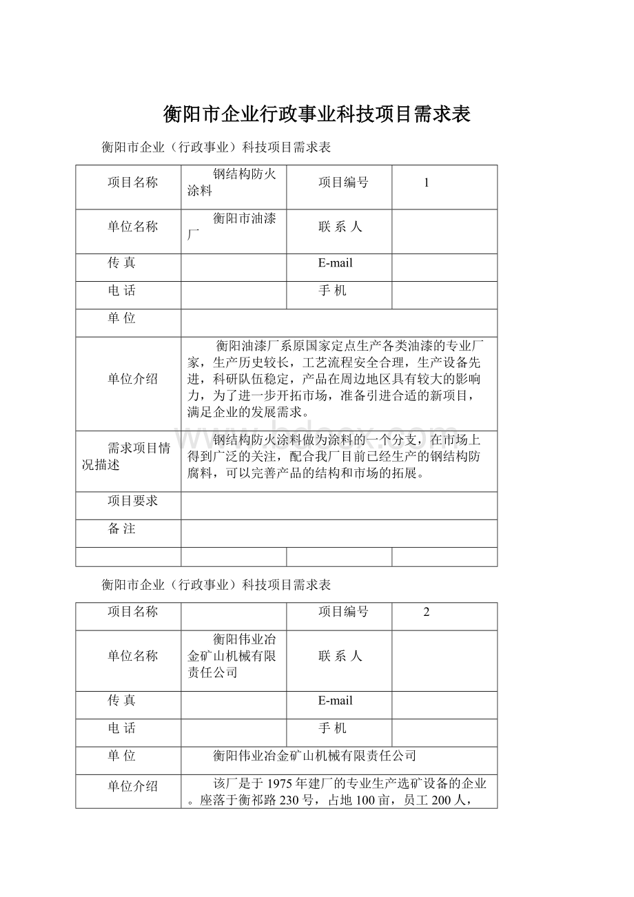 衡阳市企业行政事业科技项目需求表.docx