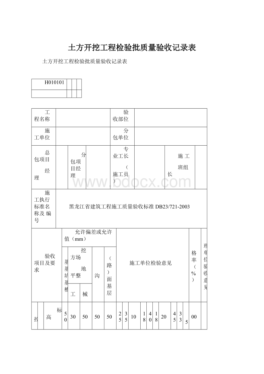 土方开挖工程检验批质量验收记录表.docx_第1页