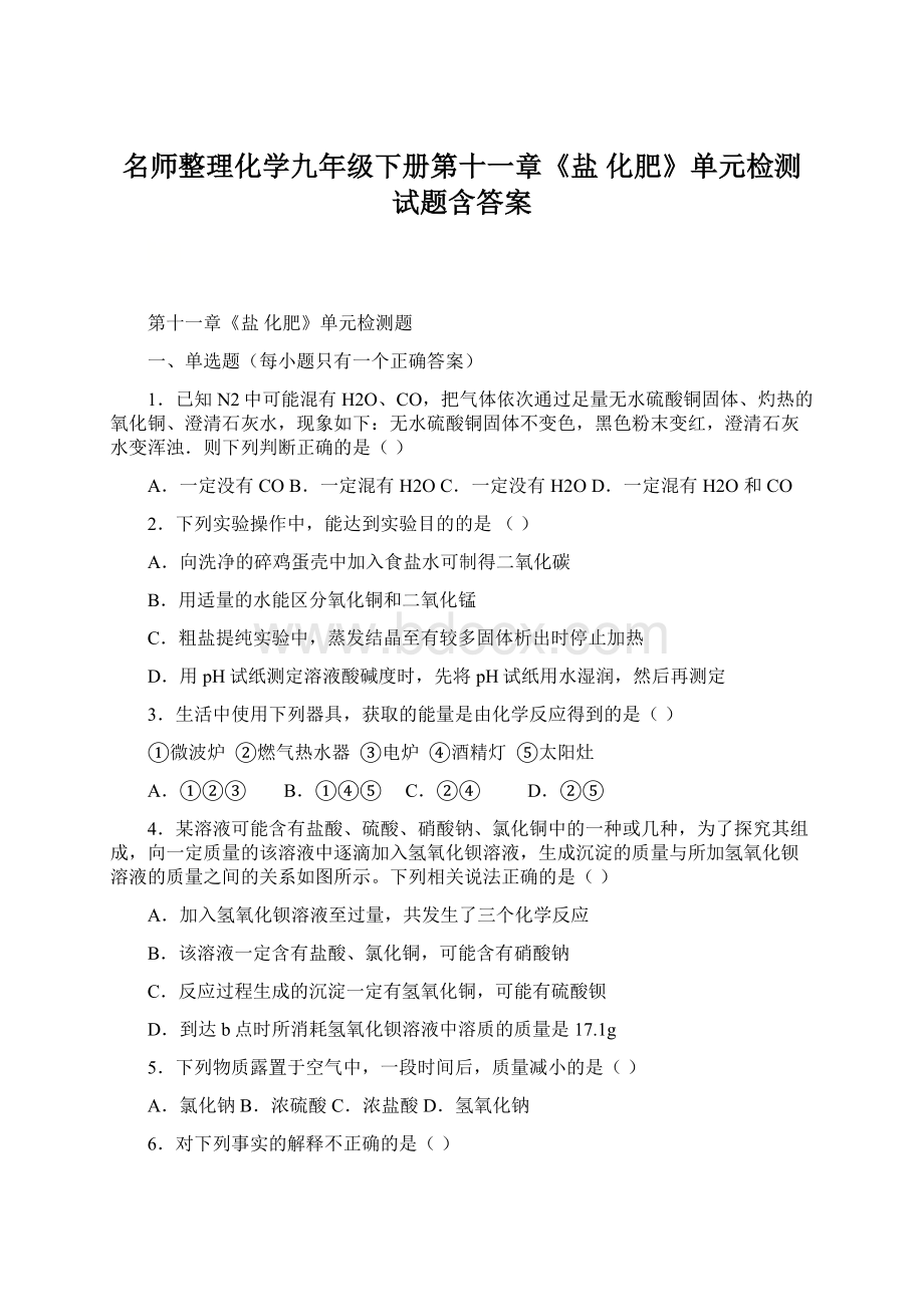 名师整理化学九年级下册第十一章《盐 化肥》单元检测试题含答案.docx