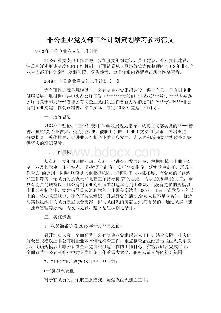 非公企业党支部工作计划策划学习参考范文.docx_第1页