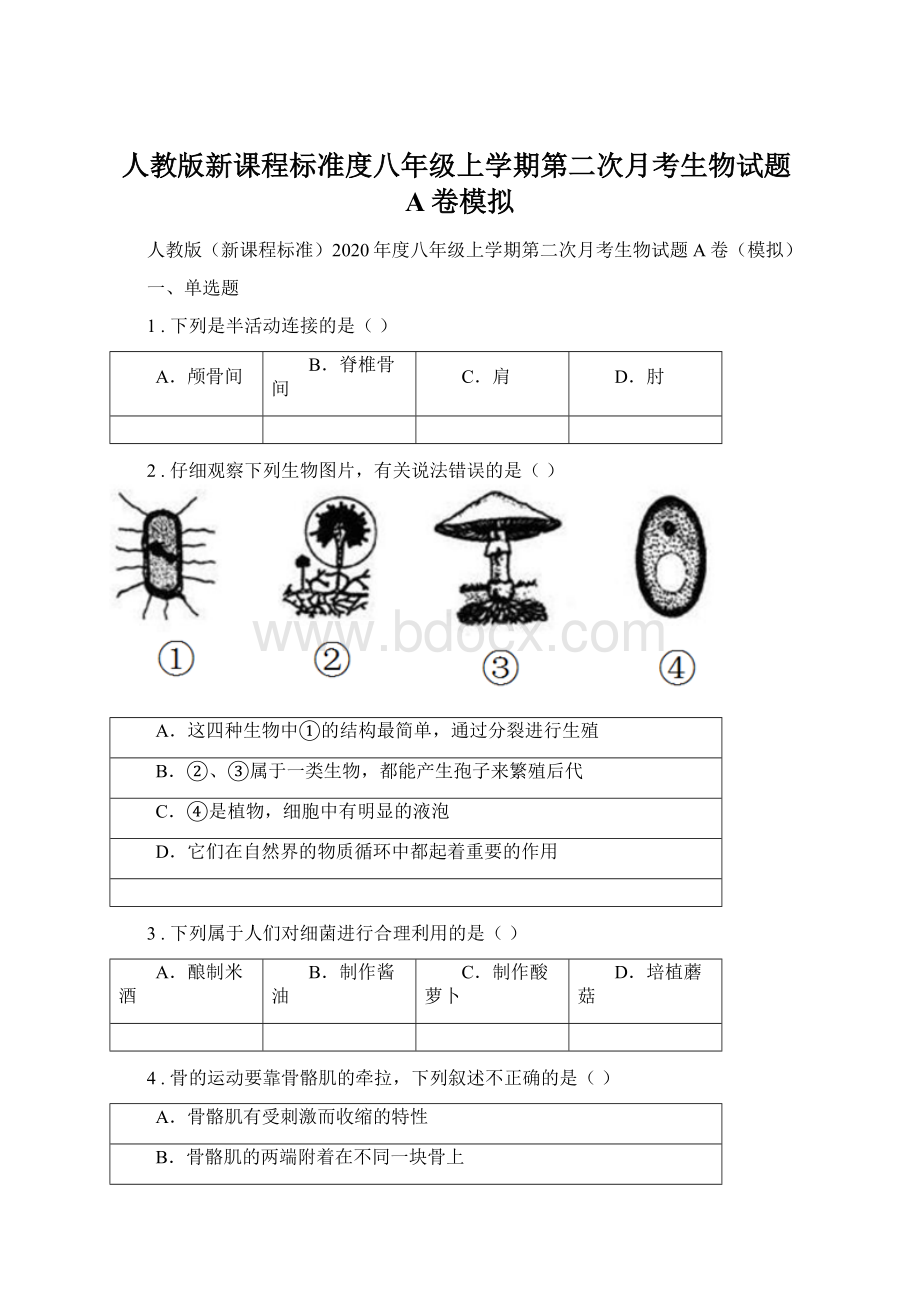 人教版新课程标准度八年级上学期第二次月考生物试题A卷模拟Word格式文档下载.docx_第1页