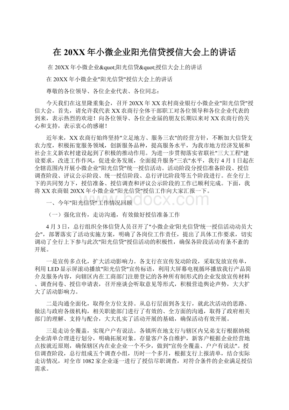 在20XX年小微企业阳光信贷授信大会上的讲话Word格式.docx