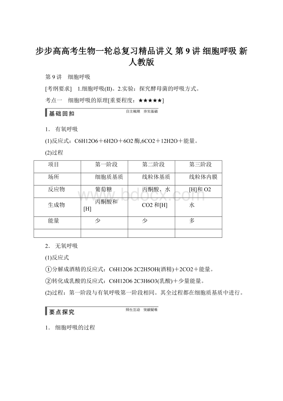 步步高高考生物一轮总复习精品讲义 第9讲 细胞呼吸 新人教版Word文件下载.docx_第1页