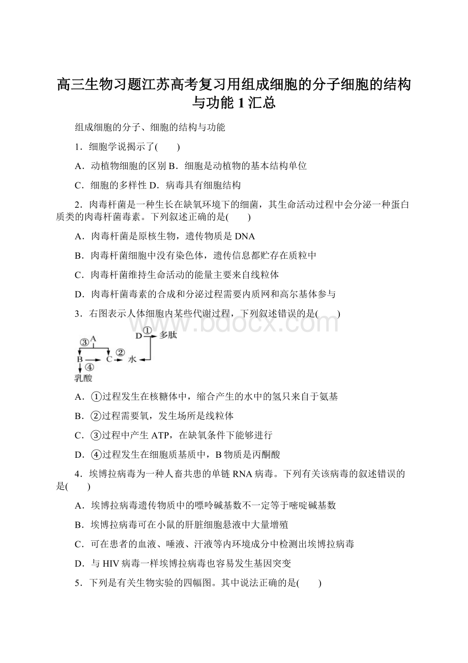 高三生物习题江苏高考复习用组成细胞的分子细胞的结构与功能1汇总Word文件下载.docx_第1页