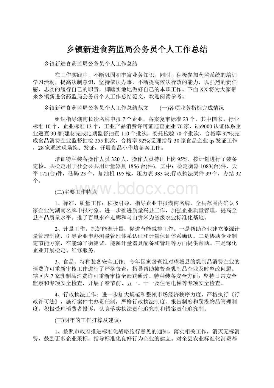 乡镇新进食药监局公务员个人工作总结Word下载.docx