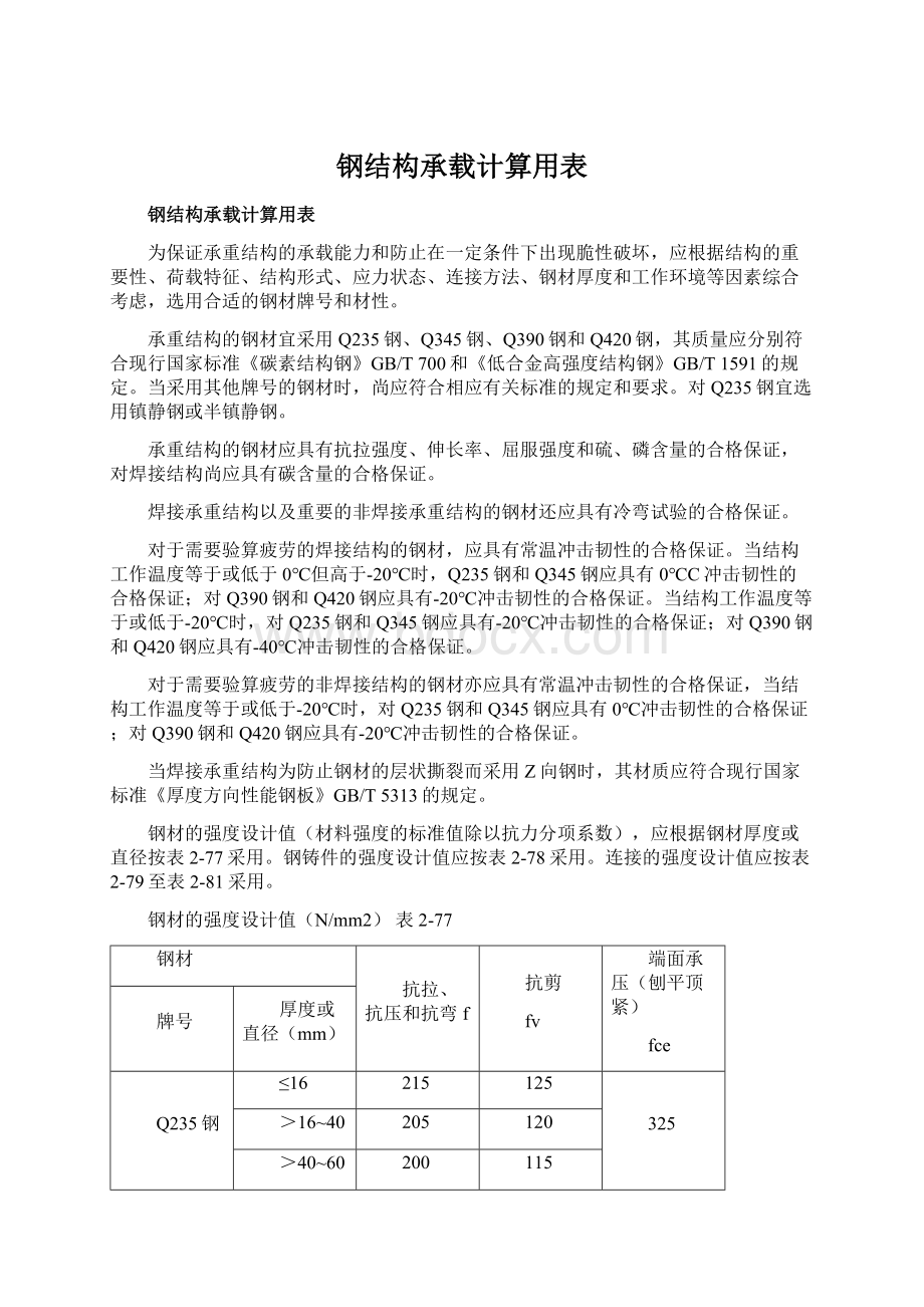 钢结构承载计算用表.docx