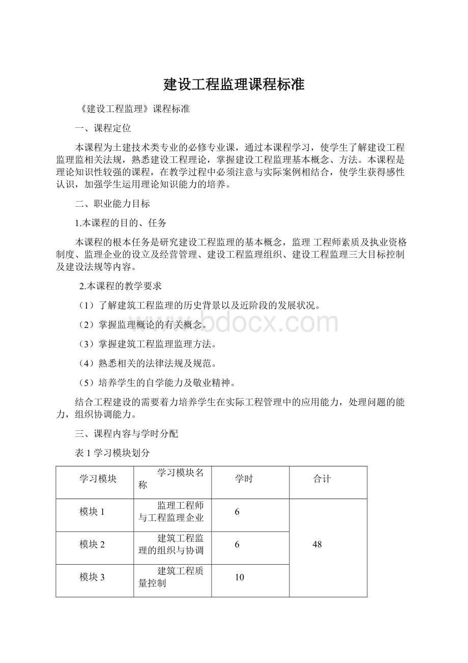 建设工程监理课程标准Word文档下载推荐.docx