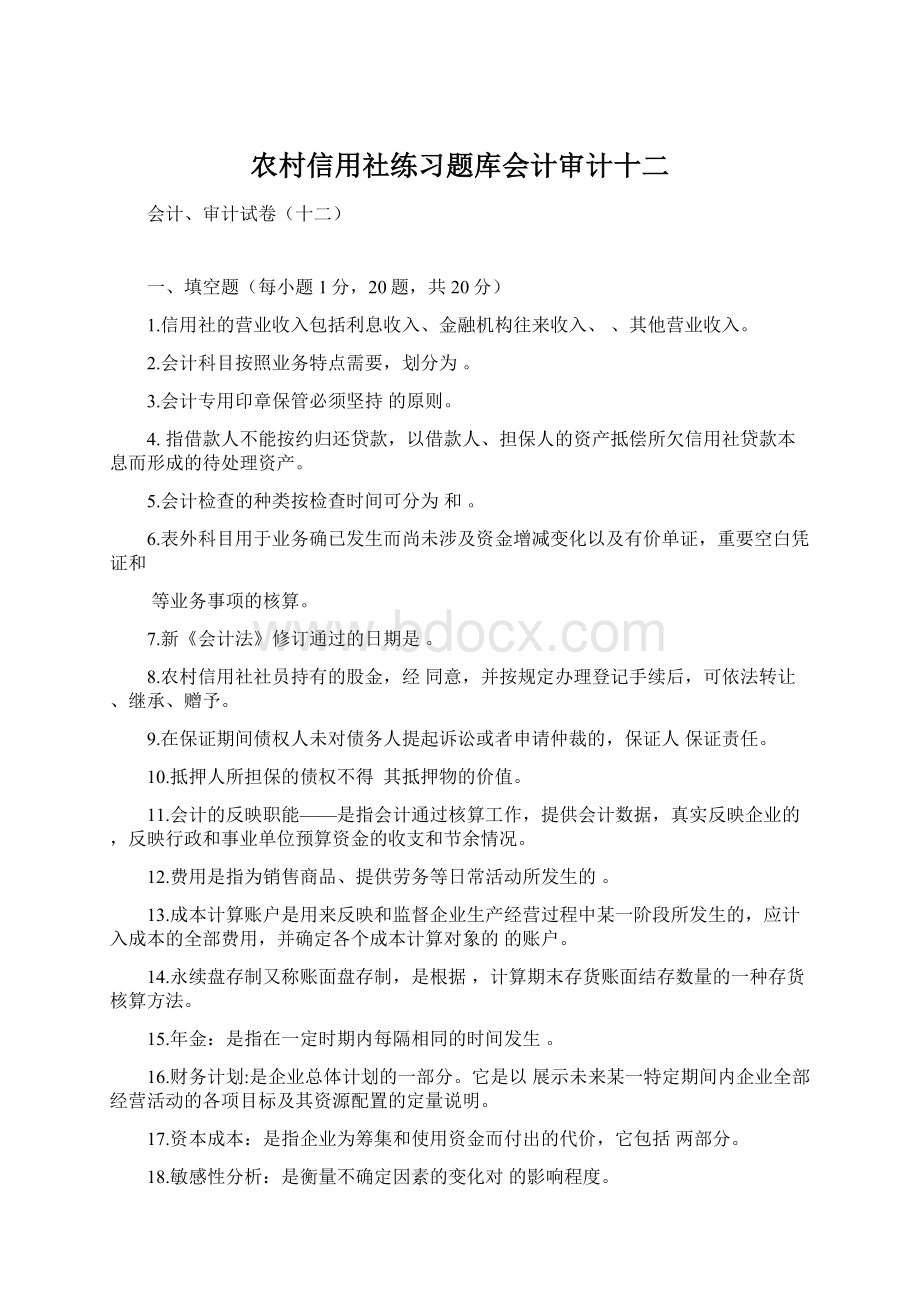 农村信用社练习题库会计审计十二.docx