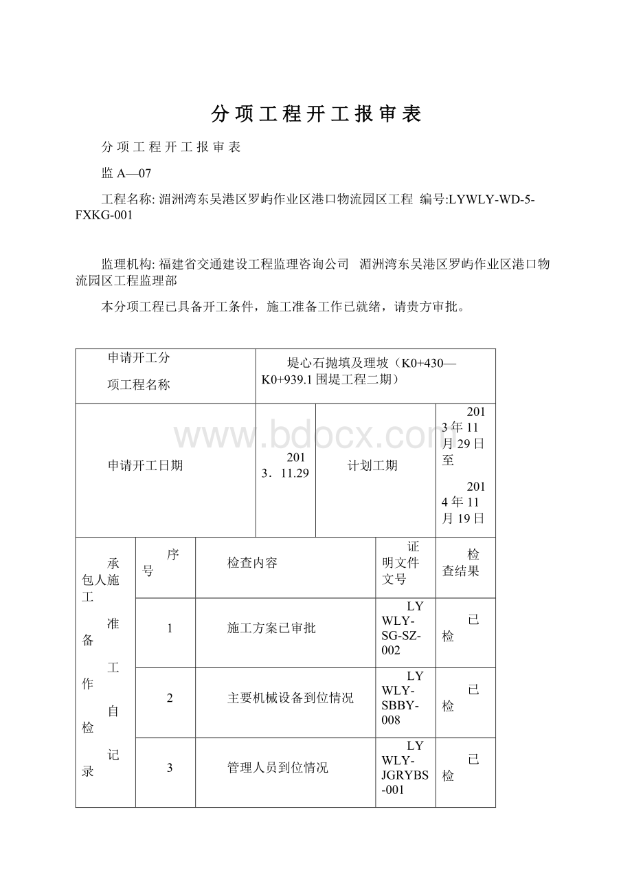 分 项 工 程 开 工 报 审 表.docx_第1页