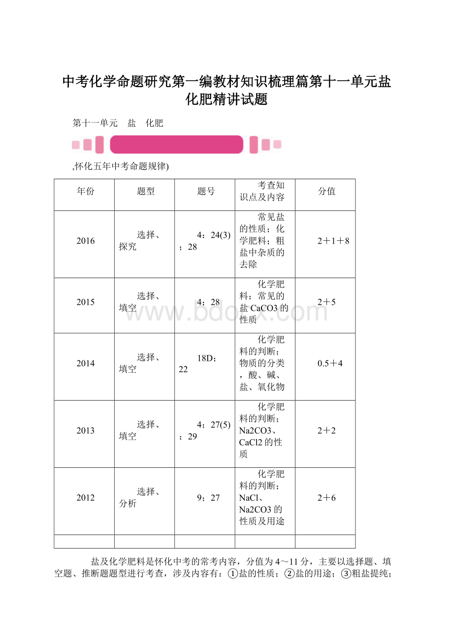 中考化学命题研究第一编教材知识梳理篇第十一单元盐 化肥精讲试题Word文档格式.docx_第1页