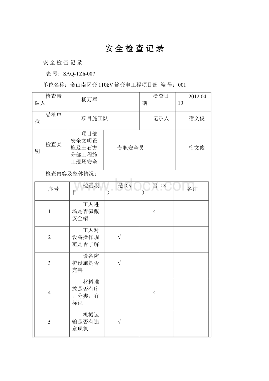 安 全 检 查 记 录Word文档下载推荐.docx