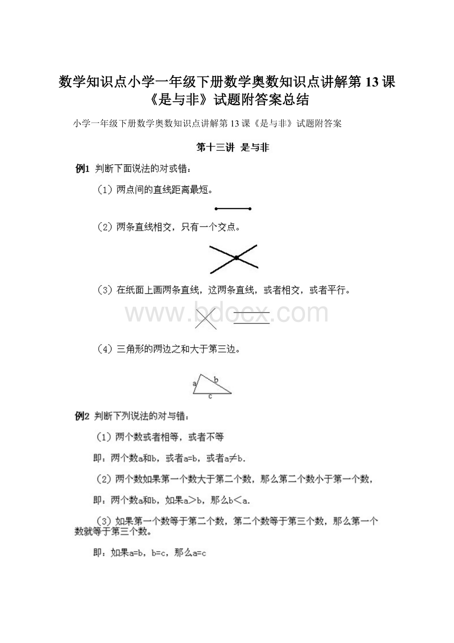 数学知识点小学一年级下册数学奥数知识点讲解第13课《是与非》试题附答案总结Word格式文档下载.docx