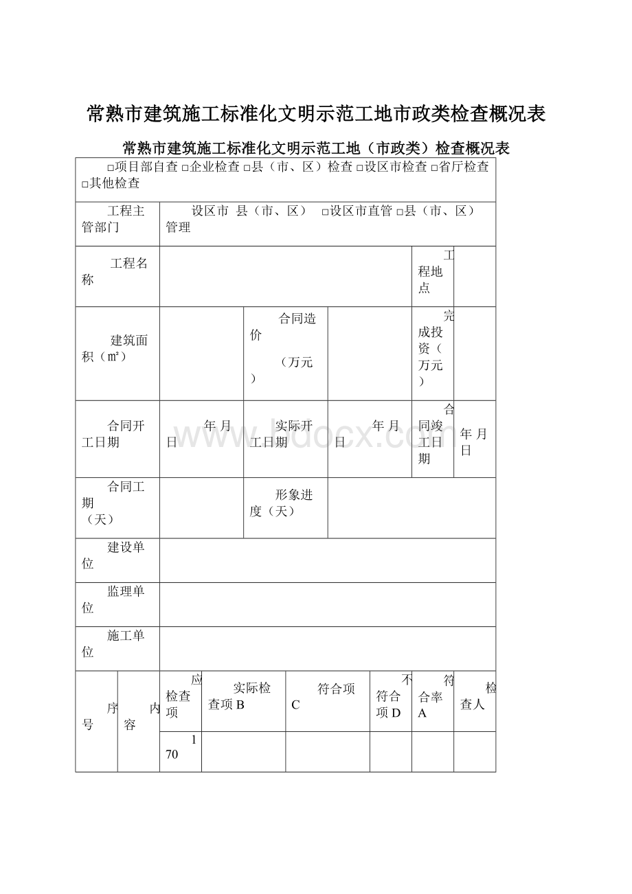 常熟市建筑施工标准化文明示范工地市政类检查概况表.docx