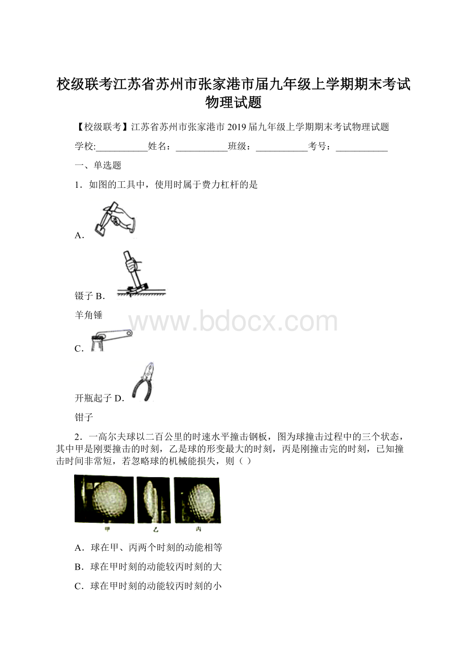 校级联考江苏省苏州市张家港市届九年级上学期期末考试物理试题Word格式.docx