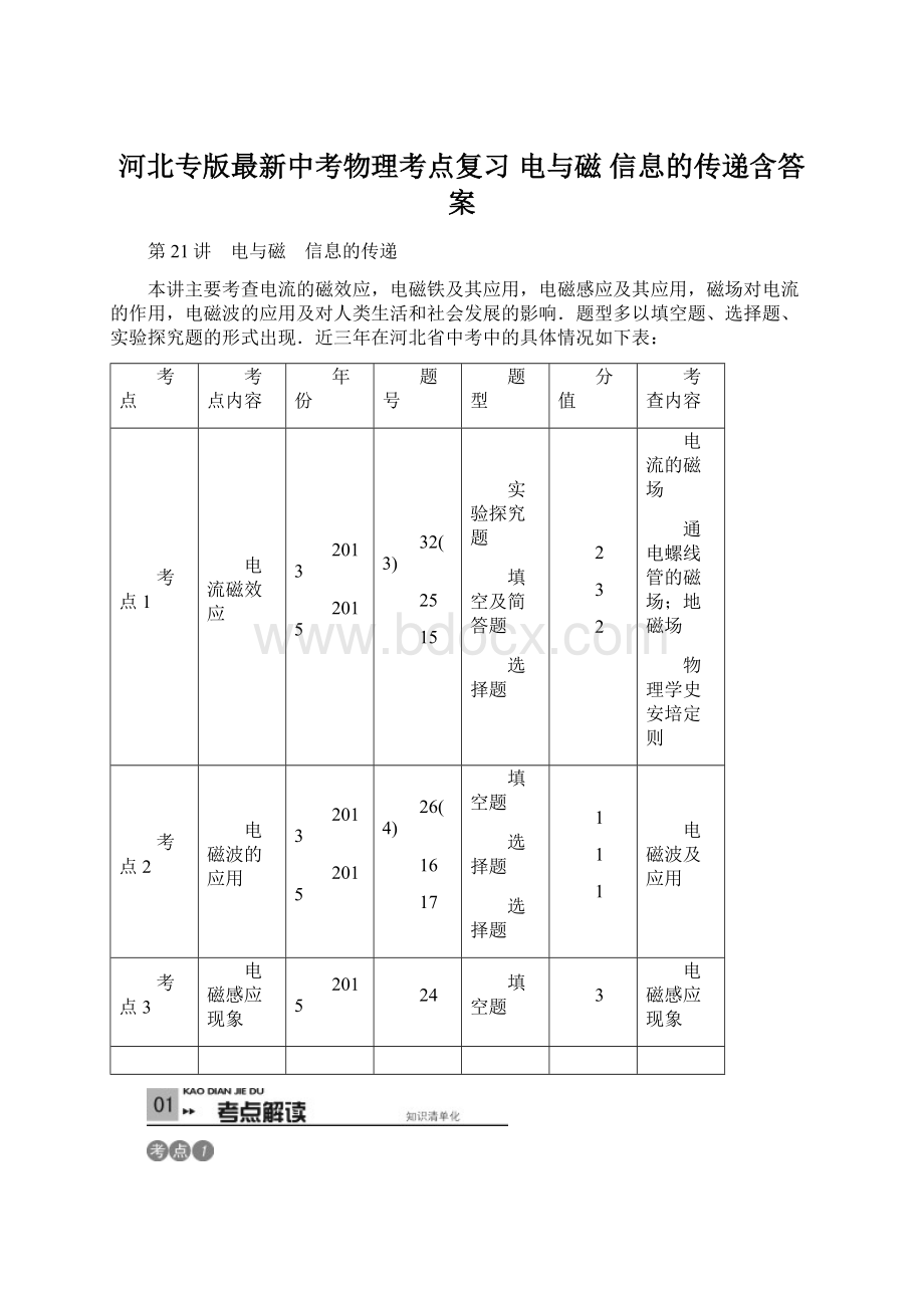 河北专版最新中考物理考点复习电与磁 信息的传递含答案.docx_第1页