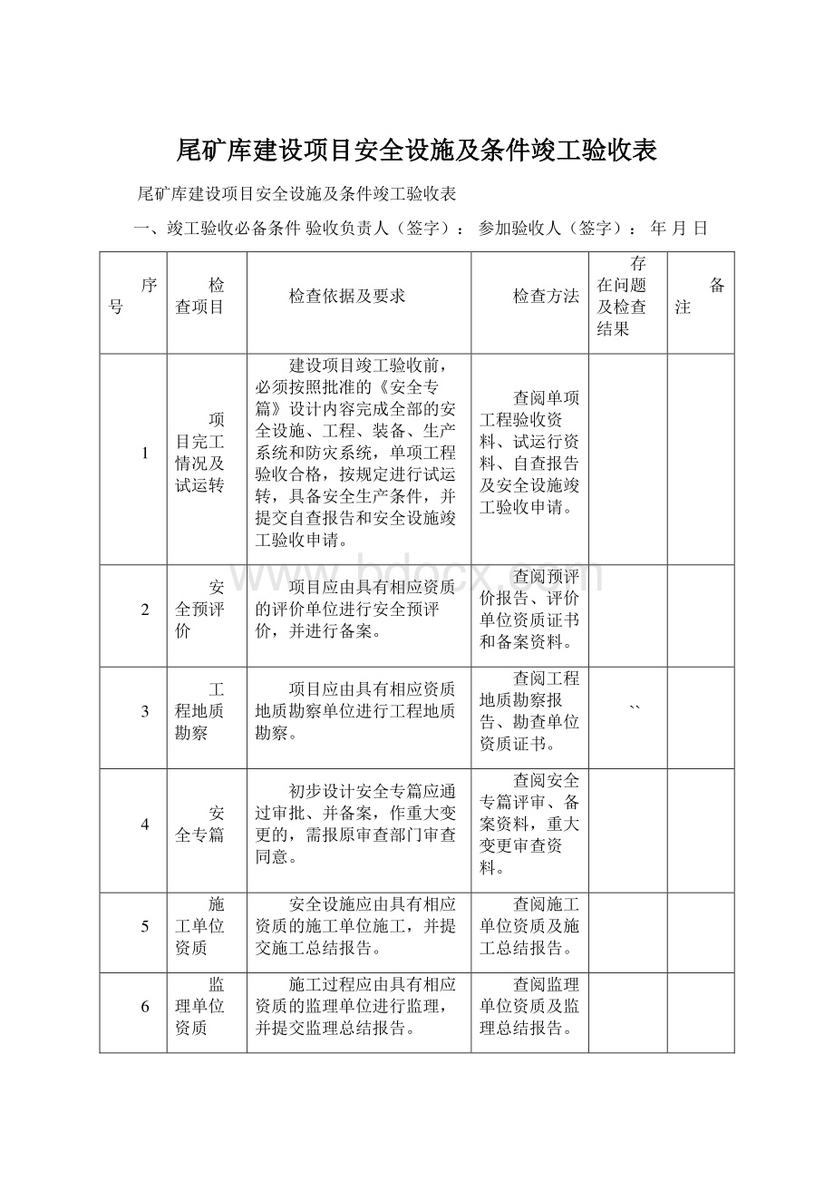 尾矿库建设项目安全设施及条件竣工验收表.docx_第1页