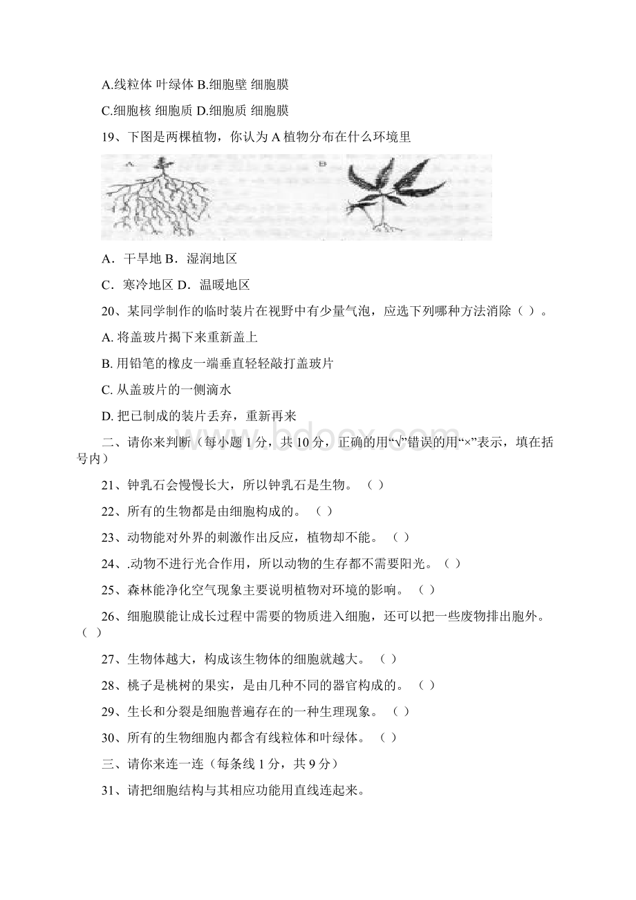 七年级生物上册期中质量检测题附参考答案.docx_第3页