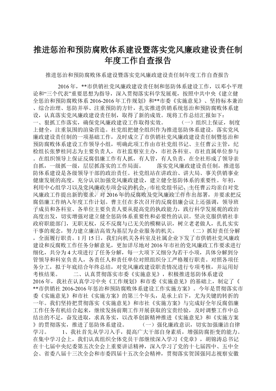 推进惩治和预防腐败体系建设暨落实党风廉政建设责任制年度工作自查报告Word文档格式.docx