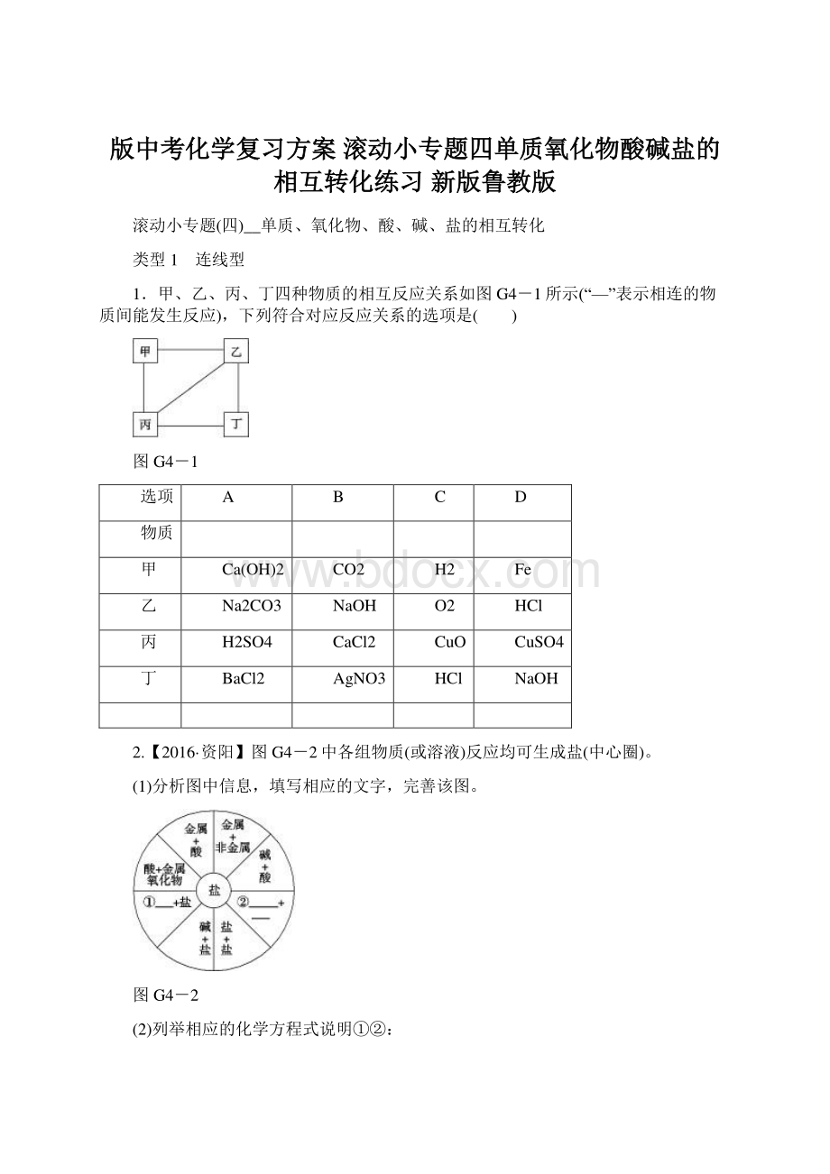 版中考化学复习方案 滚动小专题四单质氧化物酸碱盐的相互转化练习 新版鲁教版Word格式文档下载.docx