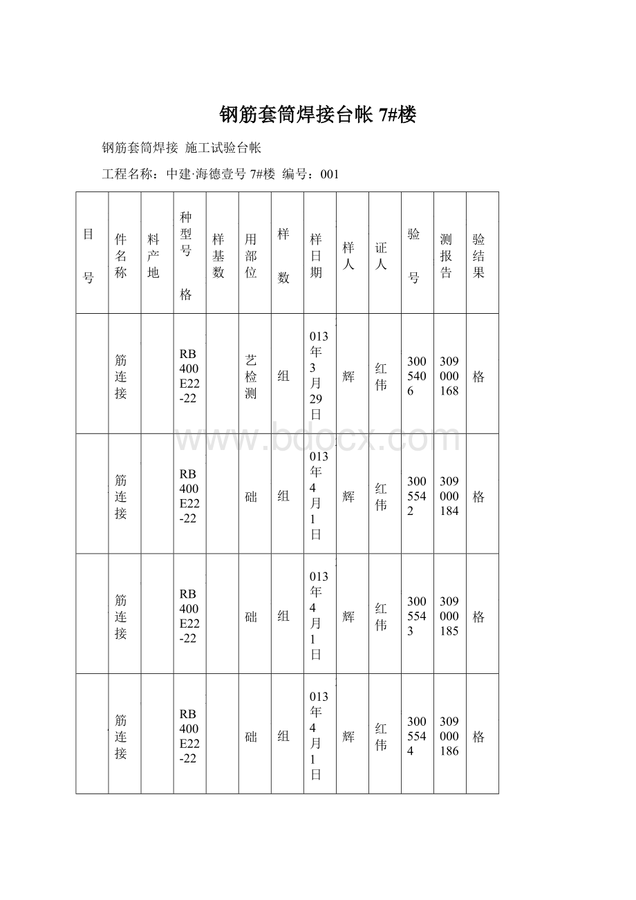 钢筋套筒焊接台帐7#楼Word格式.docx