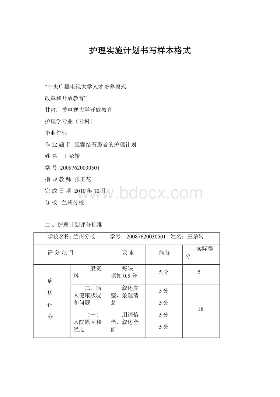 护理实施计划书写样本格式.docx