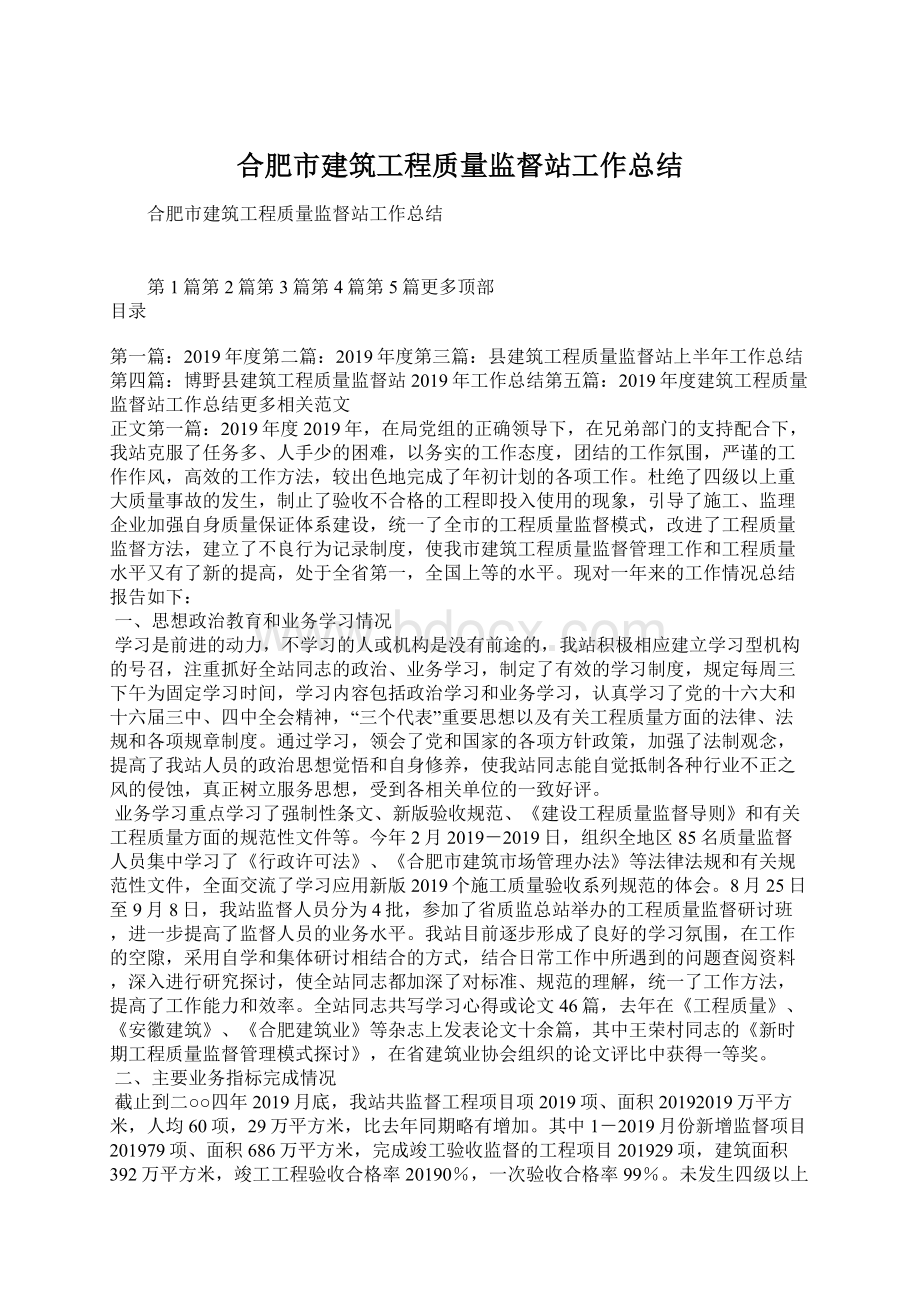 合肥市建筑工程质量监督站工作总结.docx