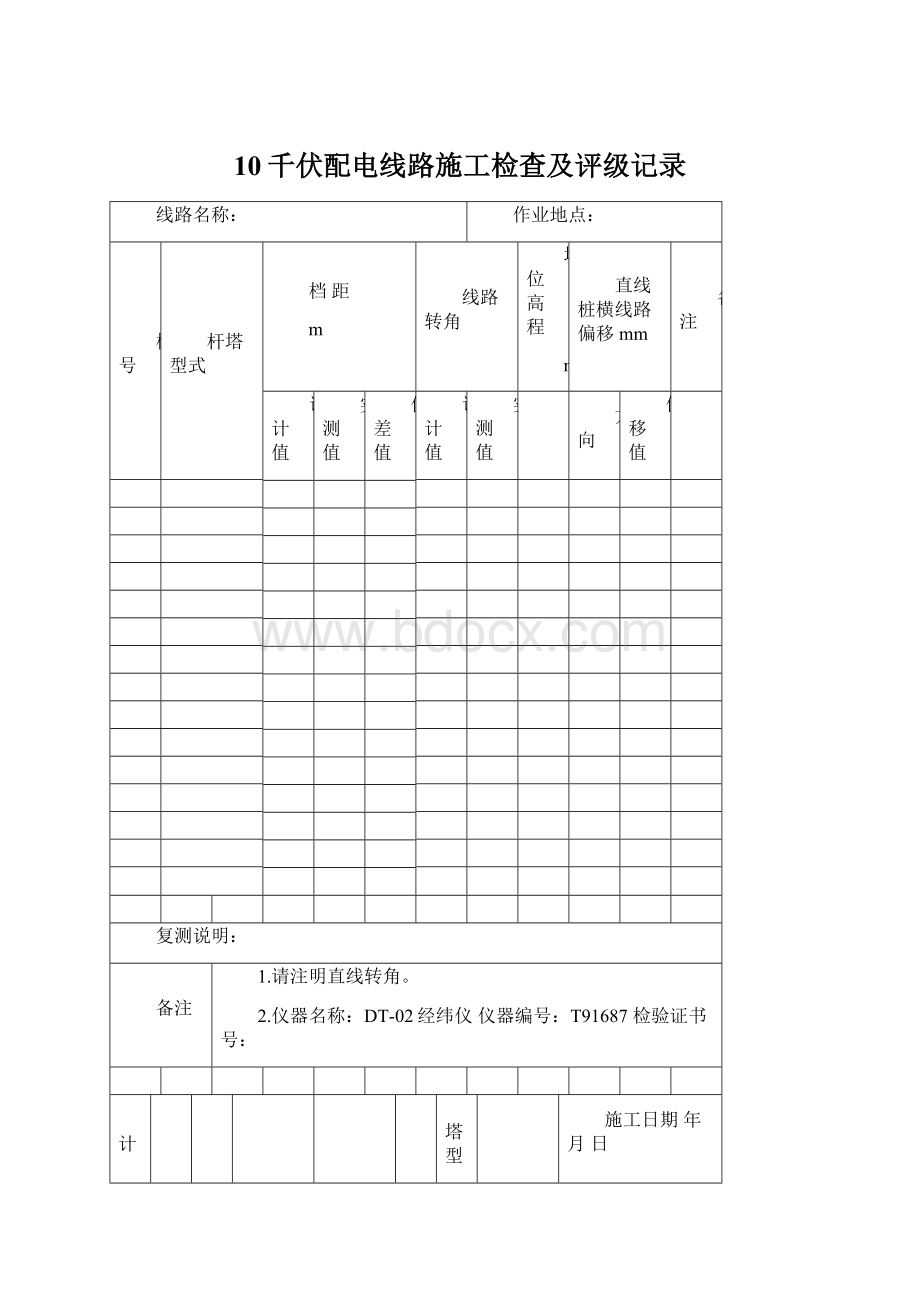 10千伏配电线路施工检查及评级记录文档格式.docx_第1页