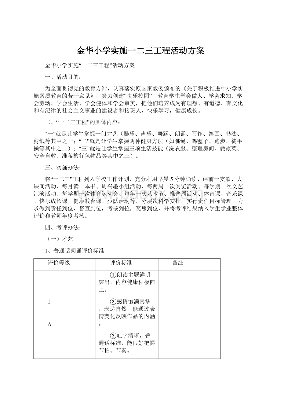 金华小学实施一二三工程活动方案Word文档下载推荐.docx