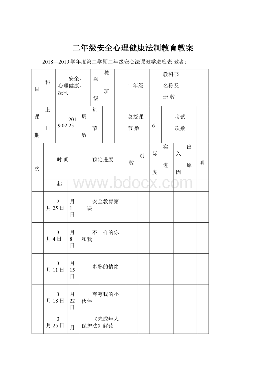 二年级安全心理健康法制教育教案.docx_第1页