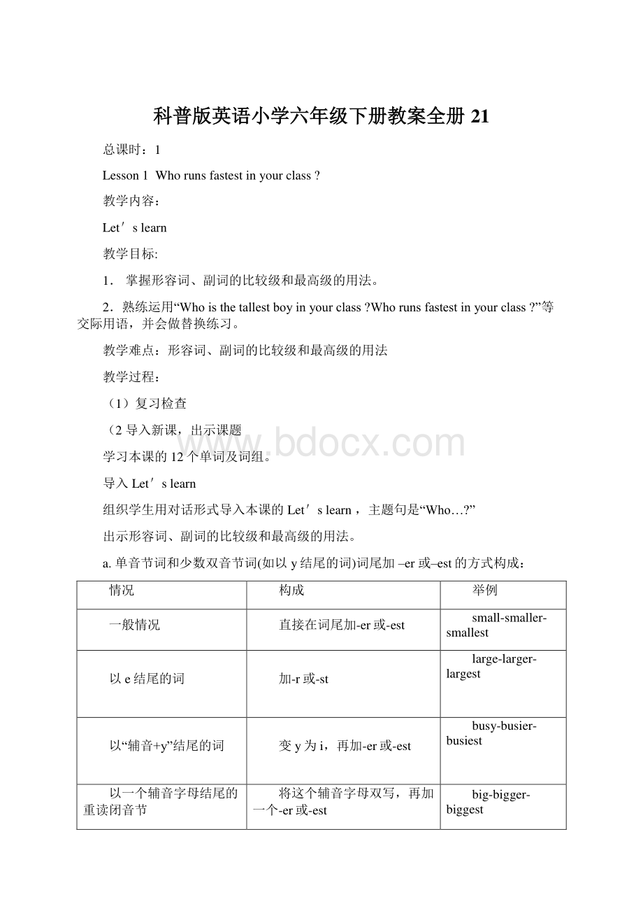 科普版英语小学六年级下册教案全册21.docx_第1页