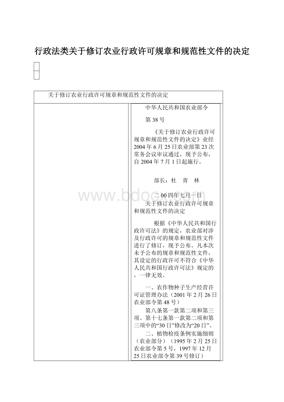 行政法类关于修订农业行政许可规章和规范性文件的决定.docx_第1页