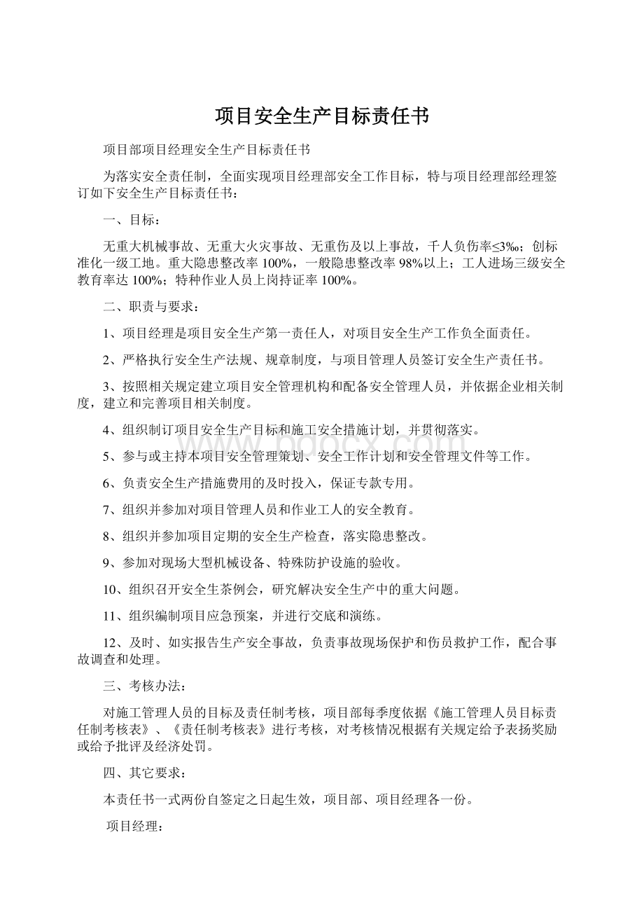 项目安全生产目标责任书.docx