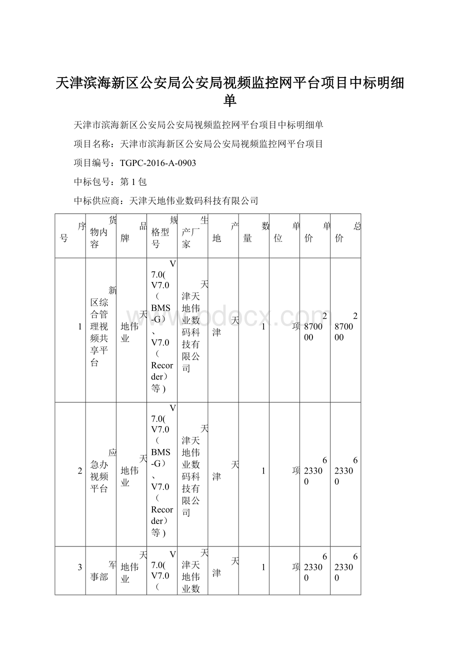 天津滨海新区公安局公安局视频监控网平台项目中标明细单Word文档下载推荐.docx_第1页