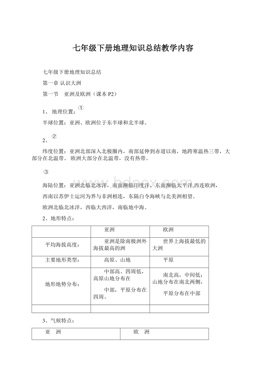 七年级下册地理知识总结教学内容Word文档下载推荐.docx_第1页