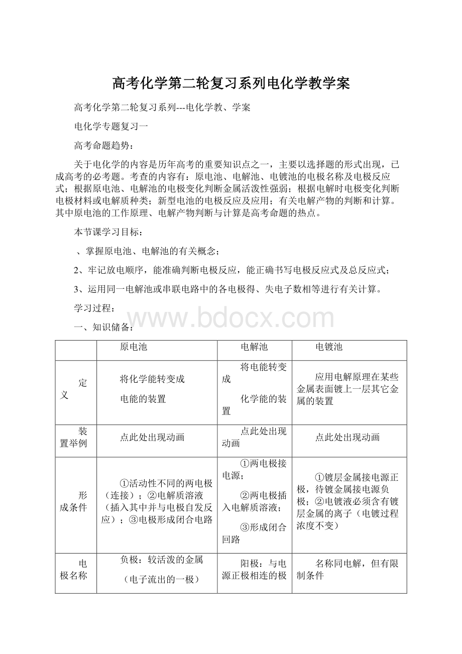 高考化学第二轮复习系列电化学教学案.docx_第1页