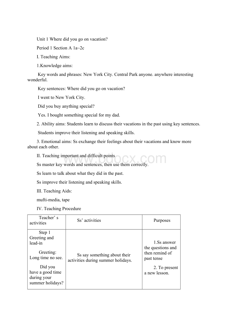 Unit 1 Where did you go on vacation全单元教案5课时Word文档下载推荐.docx_第2页