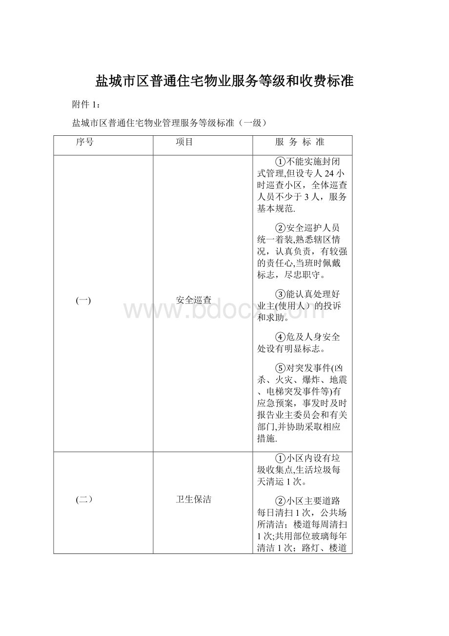 盐城市区普通住宅物业服务等级和收费标准文档格式.docx