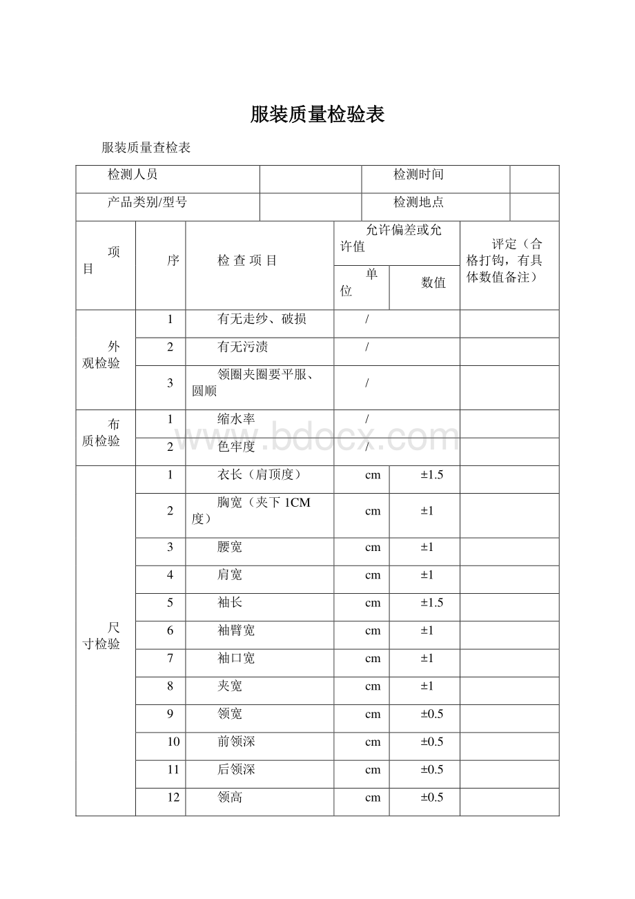 服装质量检验表.docx_第1页