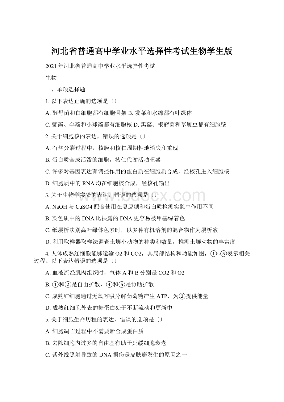 河北省普通高中学业水平选择性考试生物学生版.docx_第1页