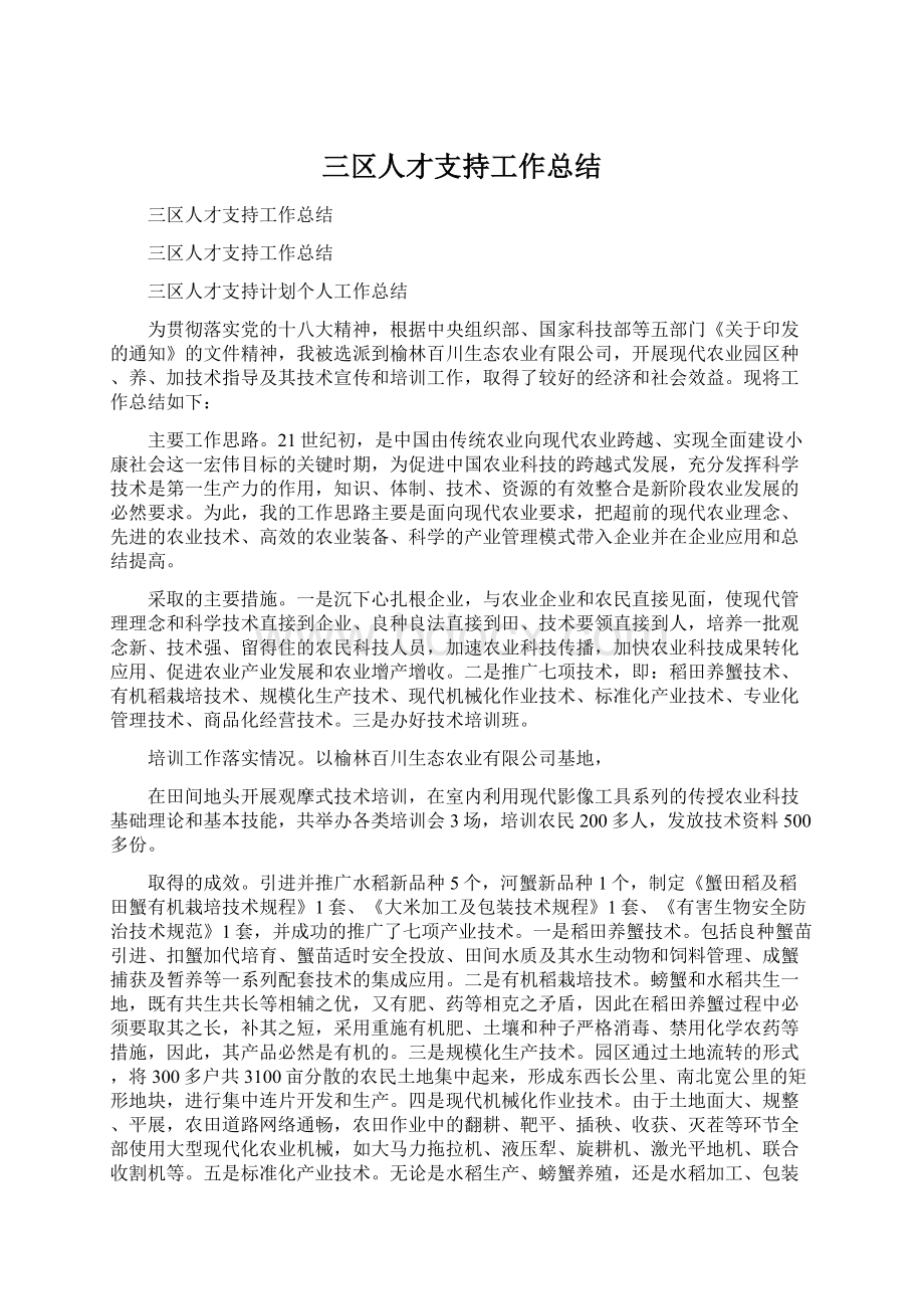 三区人才支持工作总结Word文件下载.docx