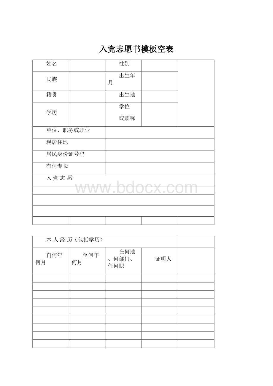 入党志愿书模板空表Word格式.docx