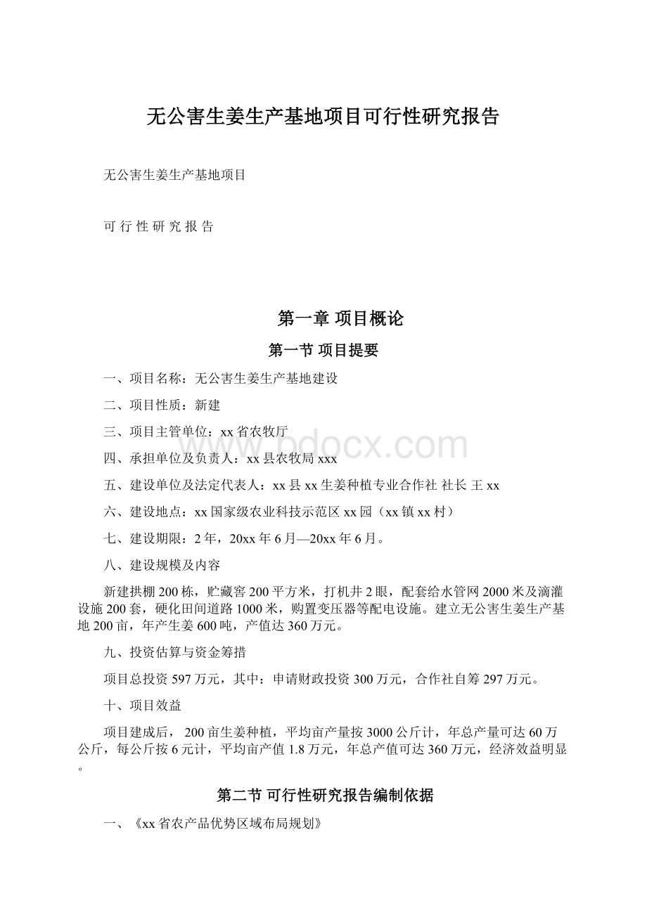 无公害生姜生产基地项目可行性研究报告Word格式文档下载.docx